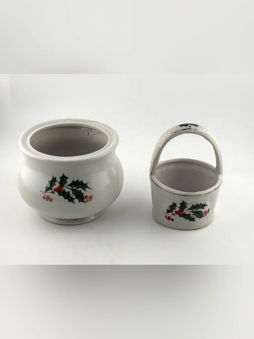 Vintage Christmas Holly Porcelain Set - Sugar Bowl & Basket